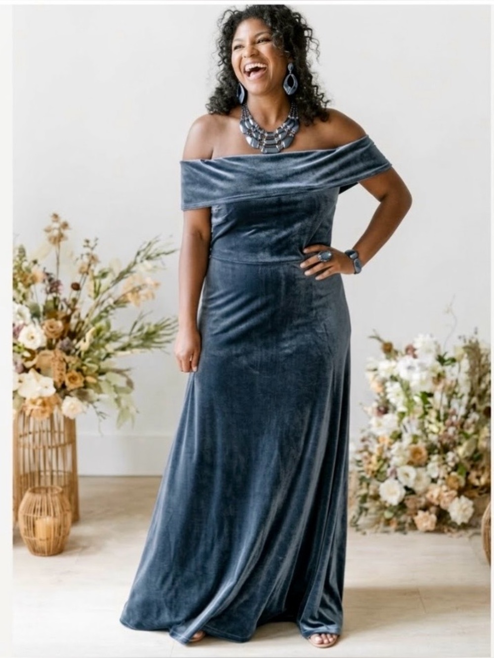 New Revelry Velvet Off Shoulder Maxi Dress Slate Blue Bridesmaid Formal Gown 12